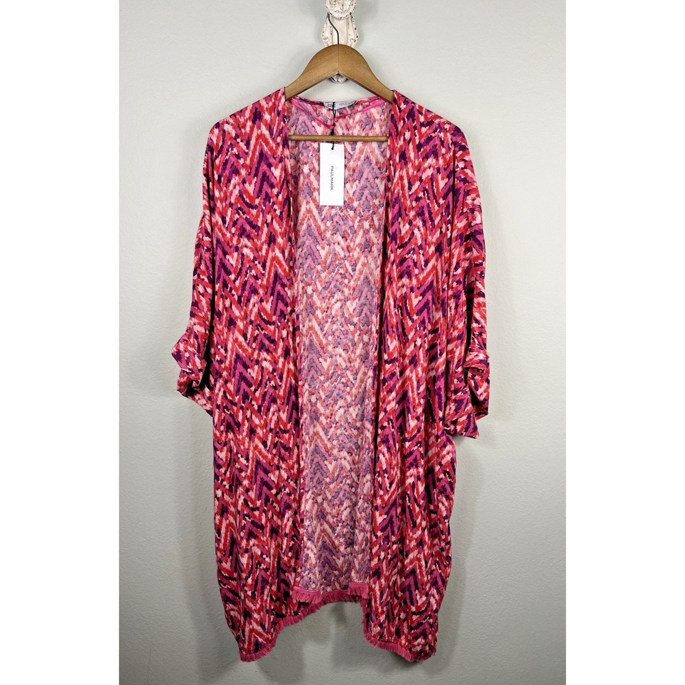Paulmark Cardigan Womens M Fuchsia Pink Chevron Fringe Open Front Kimono C3611